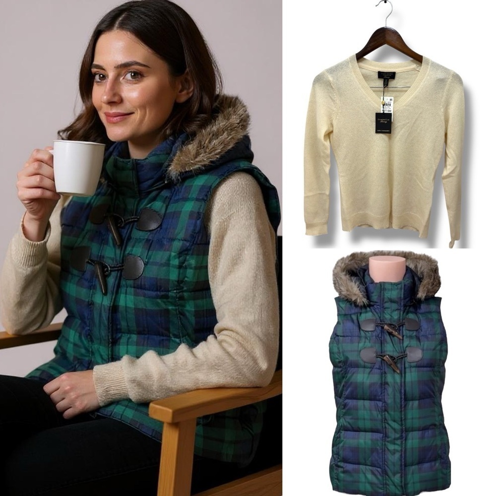 Bundle Charter Club Luxury| NWT Green Navy Puffer Vest & Cashmere Sweater(Sz SM)